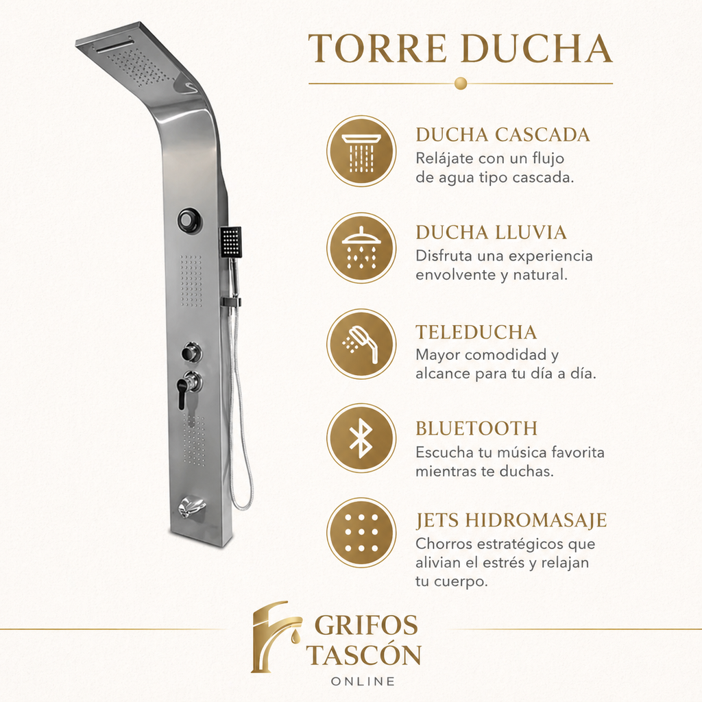 Torre Ducha Con Sistema de Bluetooh y Luces Led Cromoterapia Plateada