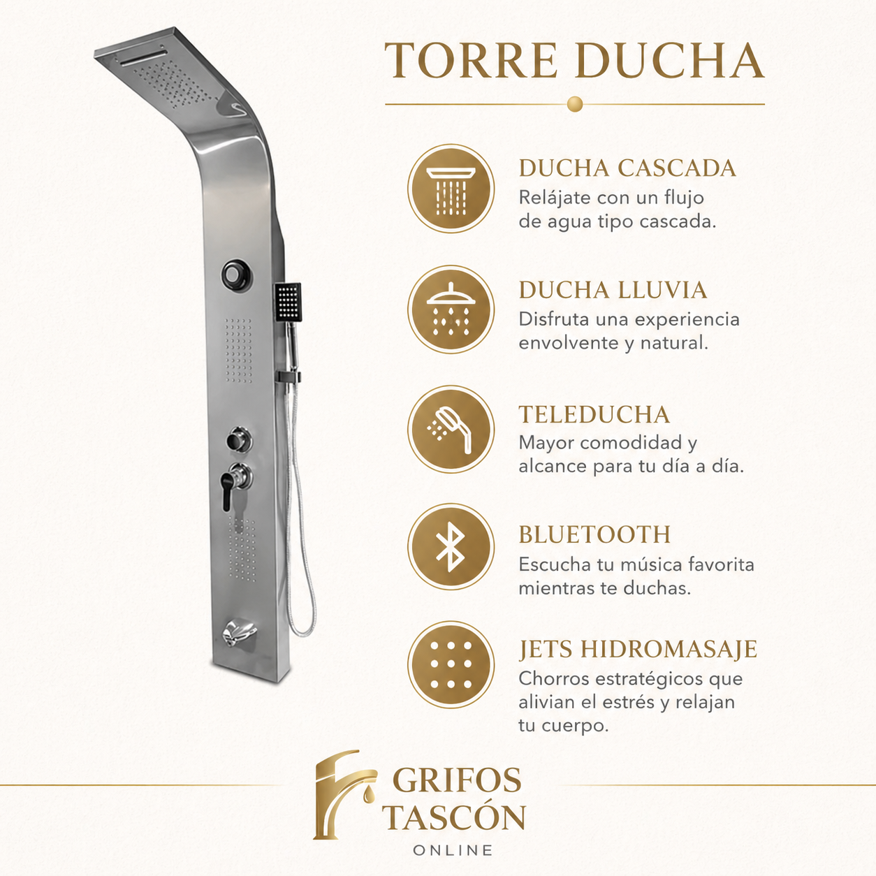 Torre Ducha Con Sistema de Bluetooh y Luces Led Cromoterapia Plateada