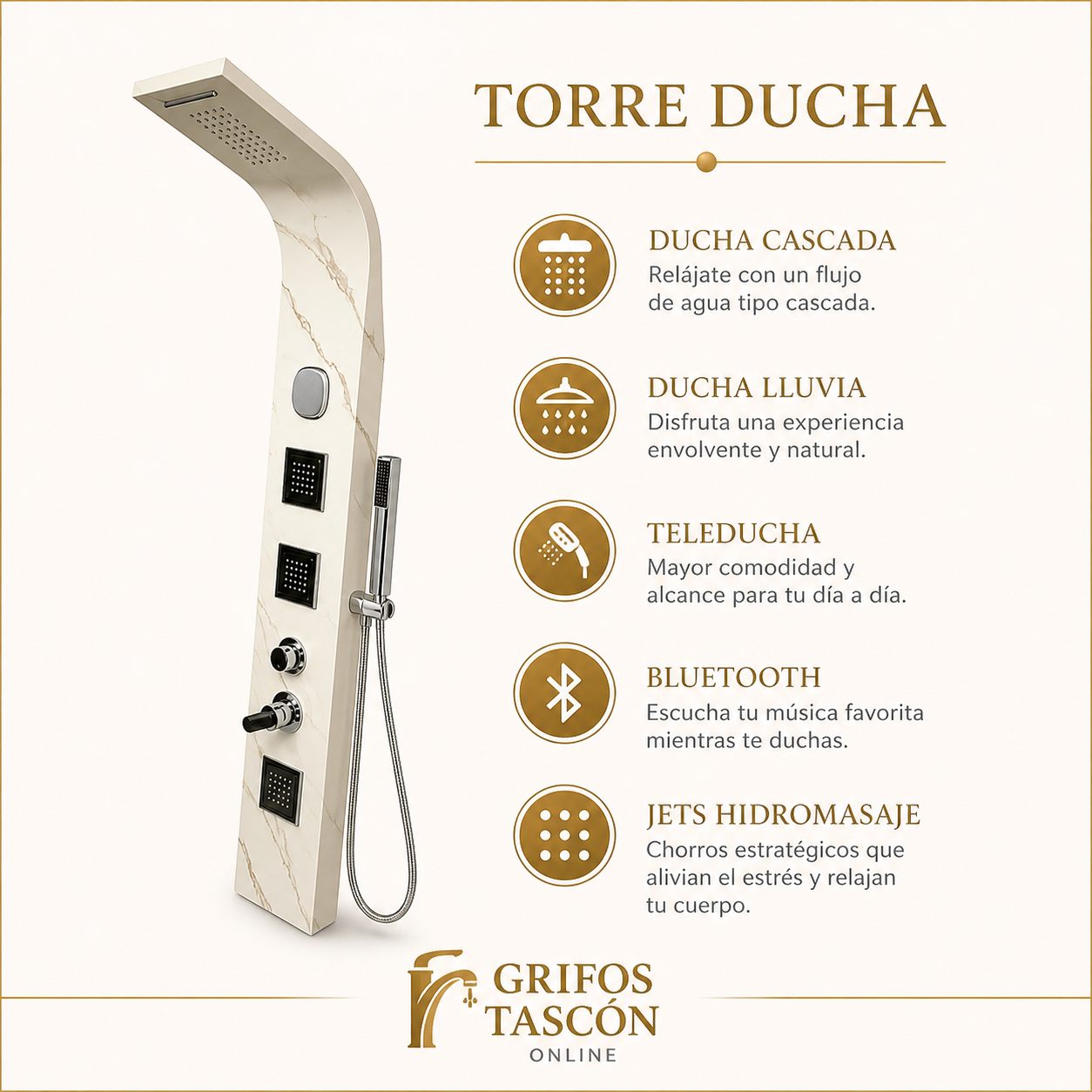 Torre Ducha Blanca Marmolizada con Bluetooh y luz cromoterapia